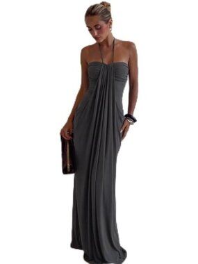 Grey Small Summer Ruched Tie Back Halter Maxi Dress for Vacation or Casual Wear